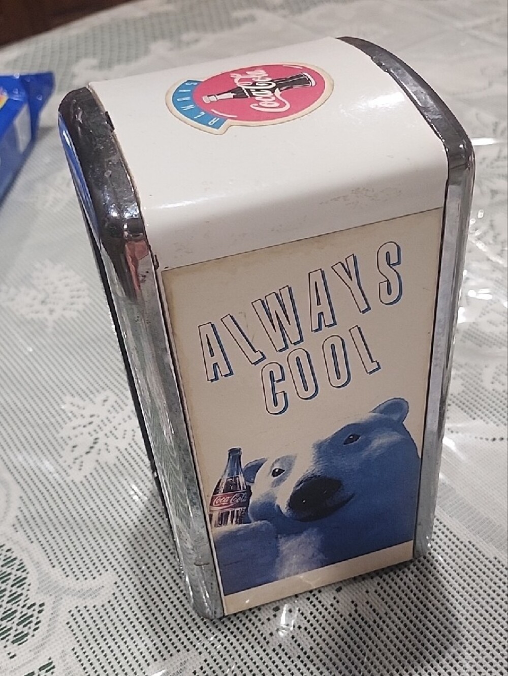 Vintage Metal Coca Cola Polar Bear Napkin Dispenser - White/Blue - Picture 3 of 5